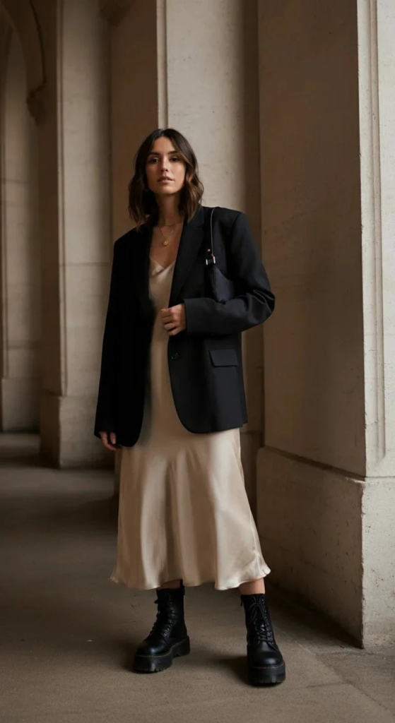 Woman wearing a black silk slip dress paired with an oversized gray blazer, black combat boots, and minimal gold jewelry, standing against an urban brick wall.