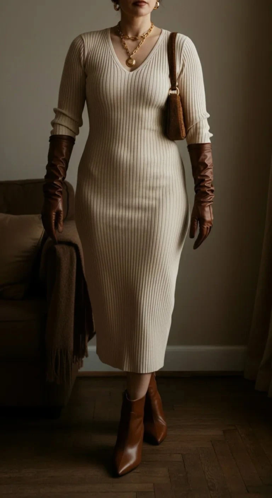 Woman wearing a dark ribbed knit dress with black leather opera gloves and chunky gold jewelry, posed in a softly lit interior with neutral-toned decor.