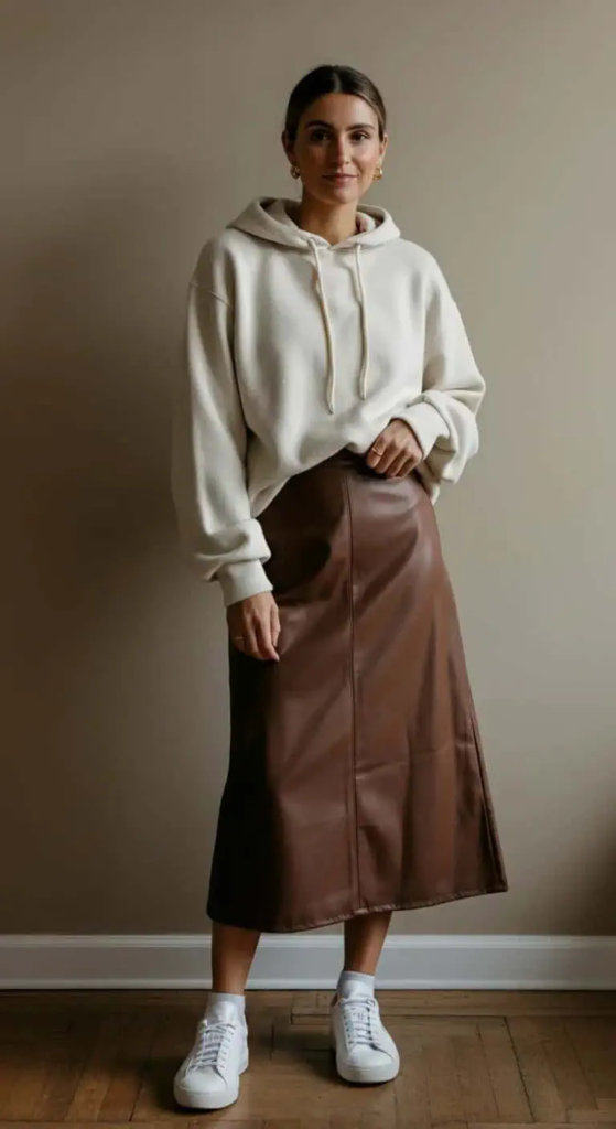 Woman wearing a black leather midi skirt with a cream cashmere hoodie and white sneakers, standing on a sunlit street with urban architecture in the background.
