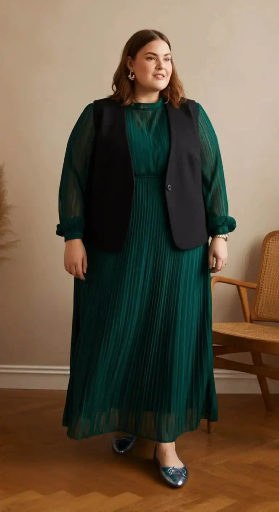 Woman wearing a cream pleated maxi dress with a tailored gray vest and metallic flats, posed in an indoor space with soft natural light highlighting fabric textures.