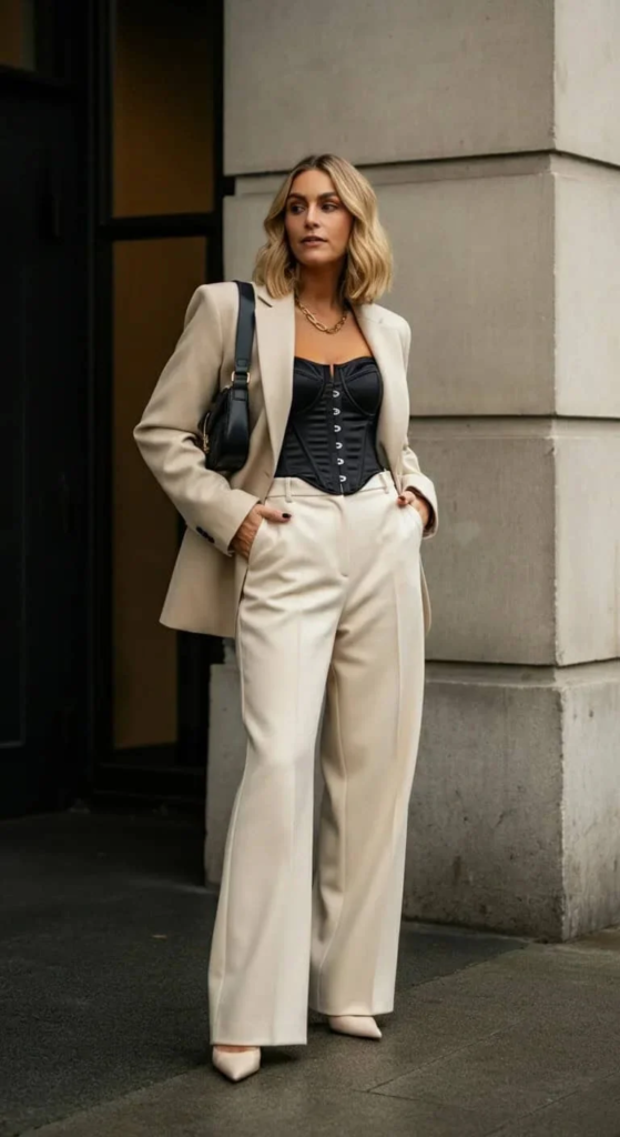 Woman wearing high-waisted wide-leg trousers in navy with a cream corset top, paired with a light gray oversized blazer and nude heels, standing in a minimalist urban courtyard.