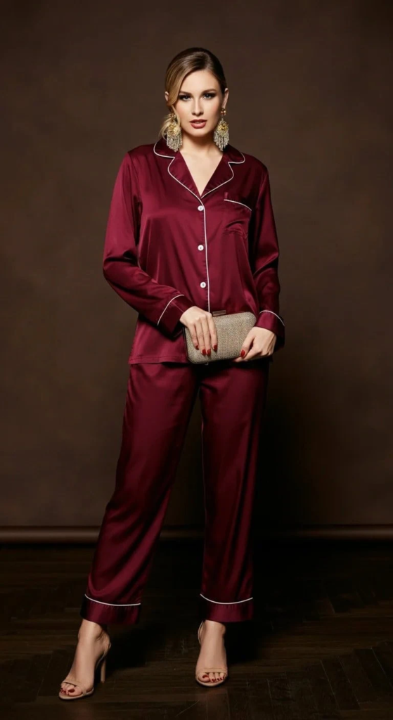 Woman wearing a matching silk pajama set in emerald green with a loose-fitting top and wide-leg pants, paired with gold stiletto sandals and statement earrings, posed in a softly lit interior.