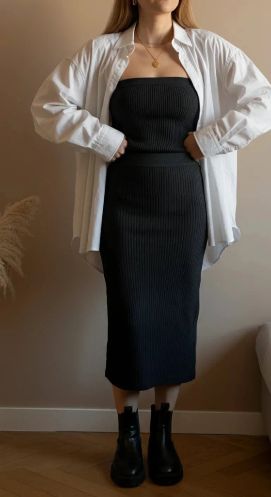 Woman wearing a fitted black midi tube skirt with a white oversized button-down shirt and black ankle boots, standing outdoors on a cobblestone street.