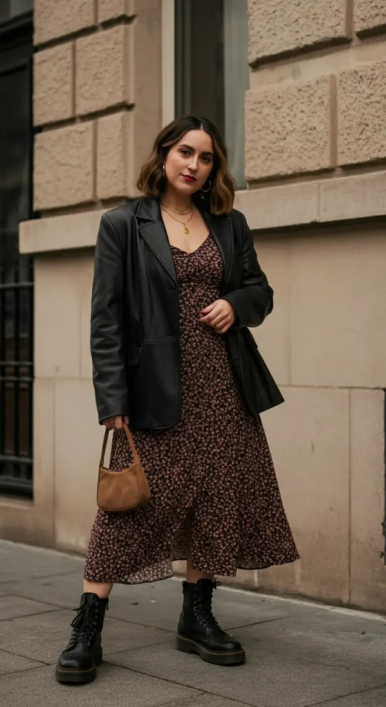 Woman wearing a floral printed midi dress with a black leather blazer and black combat boots, standing in front of a neutral urban backdrop.