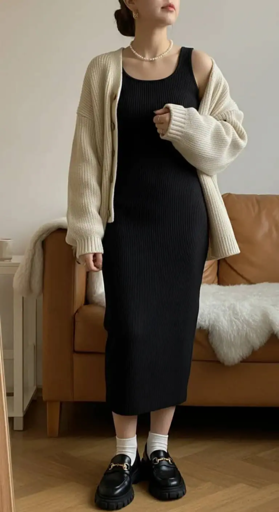 Woman wearing a fitted beige ribbed column dress with a cream oversized cardigan and nude block-heeled sandals, posed indoors with soft lighting.