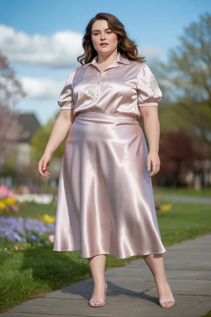 Plus Size Satin Midi Skirt With Embroidered Blouse Easter Outfit