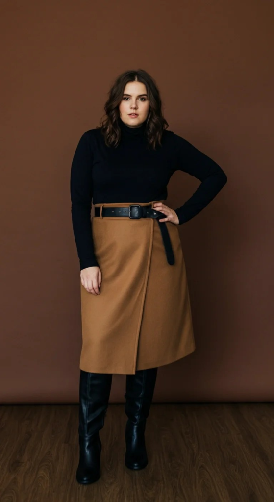 Woman wearing a charcoal wrap skirt with a fitted black turtleneck bodysuit and knee-high black boots, posed in a softly lit urban street setting.
