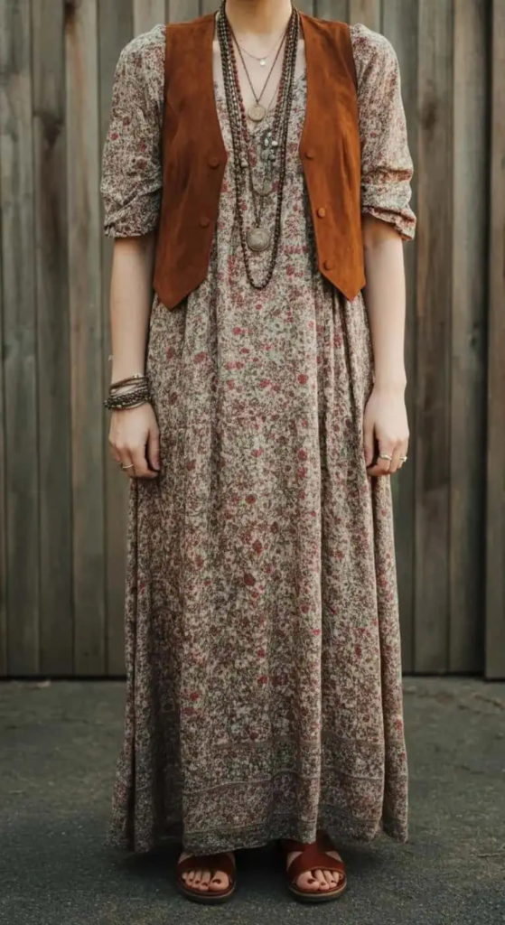 A free-spirited woman wearing an ankle-length floral maxi dress layered with a brown suede vest, accessorized with wooden bead necklaces, a woven leather belt, and leather sandals, walking outdoors.