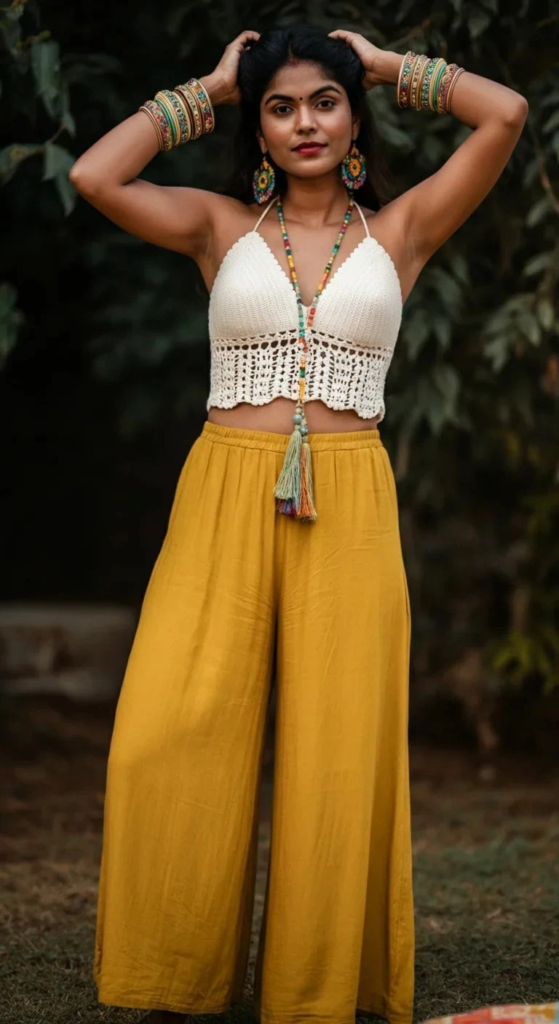 Woman wearing an ivory crochet top paired with flowing mustard wide-leg pants, accessorized with stacked wooden and metal bangles, leather strappy sandals, and a fringed crossbody bag, standing on a sunlit street.