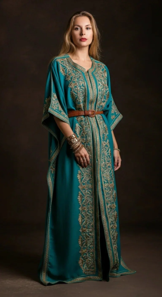 Woman wearing a loose jewel-toned embroidered kaftan cinched with a wide leather belt, accessorized with layered leather bracelets, statement earrings, ankle boots, and a fringed shoulder bag, standing outdoors.