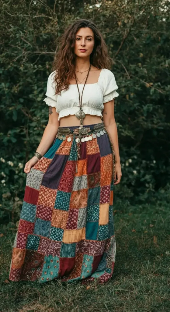 Woman wearing a colorful patchwork maxi skirt paired with a white cropped peasant top, accessorized with a metal coin belt, layered necklaces, leather sandals, and a round rattan bag, standing on a cobblestone street.