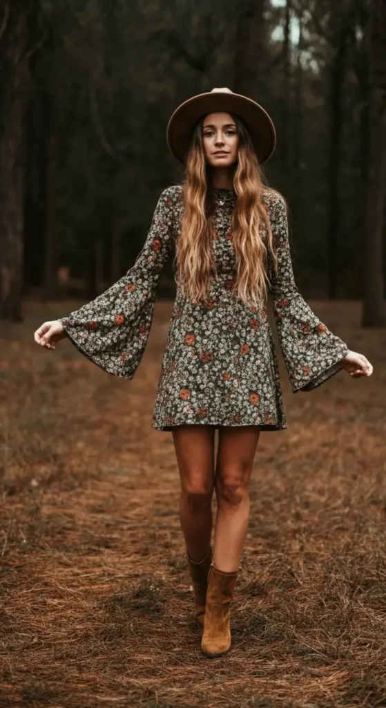 Woman wearing a floral mini dress with dramatic bell sleeves, styled with knee-high brown suede boots, a wide-brim felt hat, layered necklaces, and a leather fringe crossbody bag, standing outdoors.