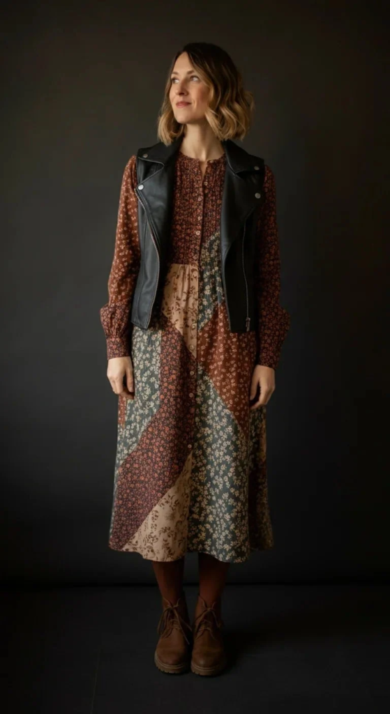Woman wearing a boho midi dress with multiple prints layered under a fitted leather vest, styled with ankle boots, a wide-brim hat, and delicate rings, standing on a tree-lined path.