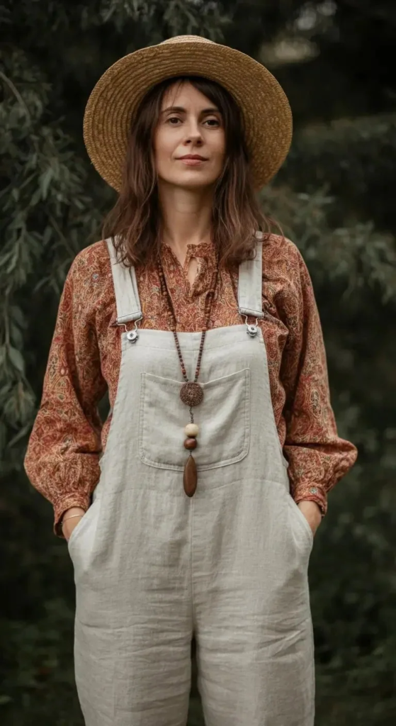 Woman wearing beige linen overalls layered over a printed paisley blouse, accessorized with a straw hat, stacked beaded bracelets, espadrilles, and a macramé bag, walking on a sunny street.