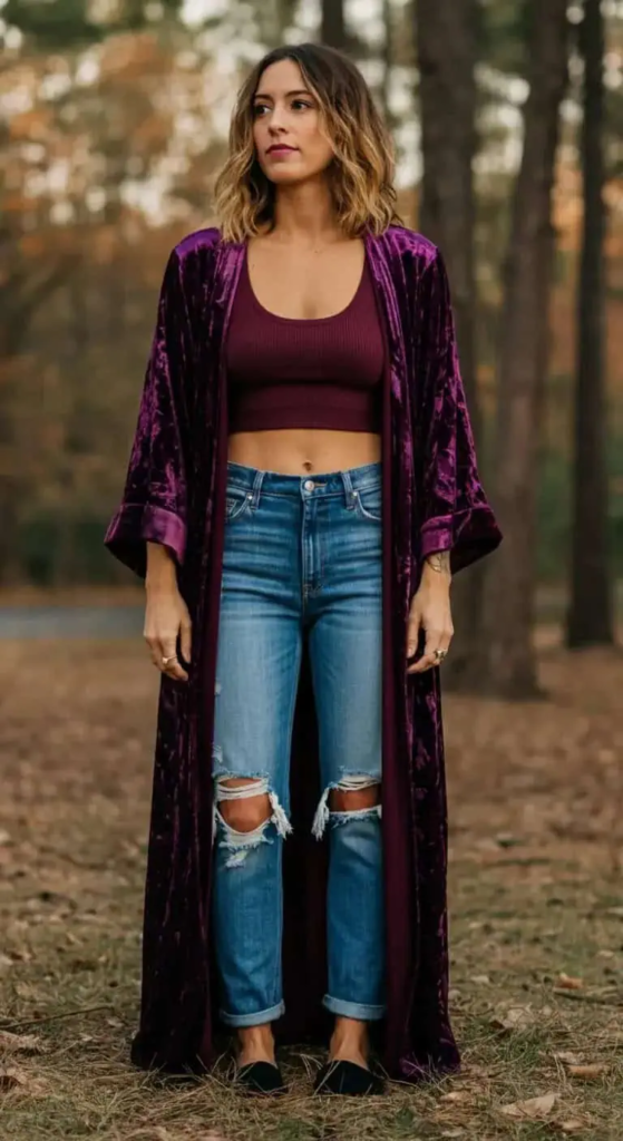 \Woman wearing a deep jewel-toned velvet kimono over a white crop top and blue denim jeans, accessorized with layered metallic necklaces, rings, metallic sandals, and a small crossbody bag, standing outdoors.
