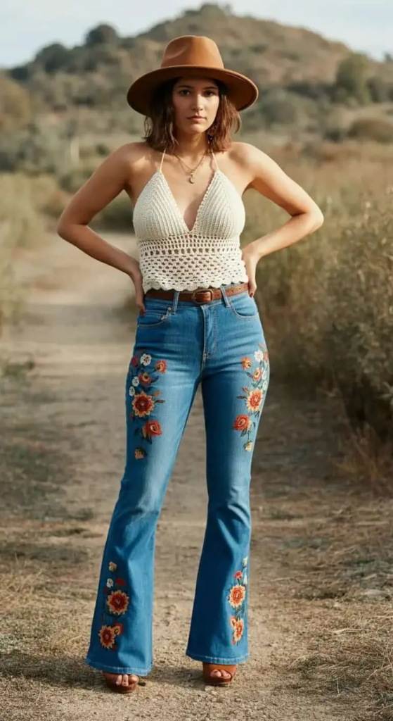 Woman wearing embroidered blue denim jeans paired with a handmade crochet halter top, styled with a suede hat, stacked bangles, platform sandals, and a fringe shoulder bag, walking along a sunlit street.