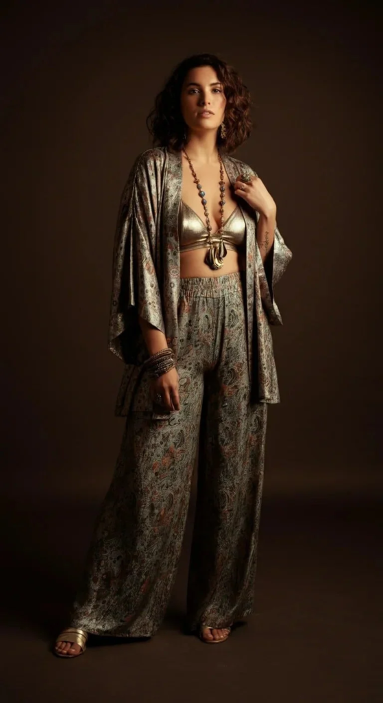 Woman wearing a matching printed palazzo pants and kimono top set, accessorized with layered metallic necklaces, stacked rings, leather sandals, and a woven market bag, walking outdoors.