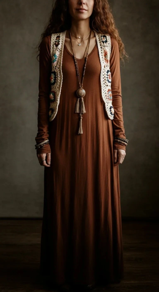 Woman wearing a solid maxi dress layered with a handmade crochet vest, accessorized with layered necklaces, bangles, leather sandals, a crossbody bag, and a wide-brim hat, standing in a sunlit garden.