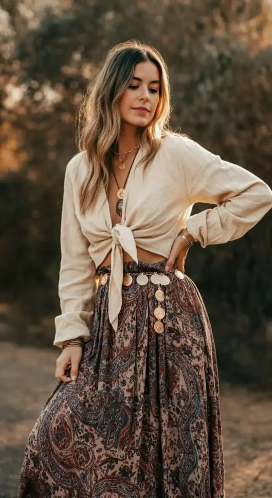 Woman wearing a tie-front blouse paired with a flowing printed maxi skirt, accessorized with layered necklaces, subtle rings, leather sandals, and a woven tote bag, standing outdoors.
