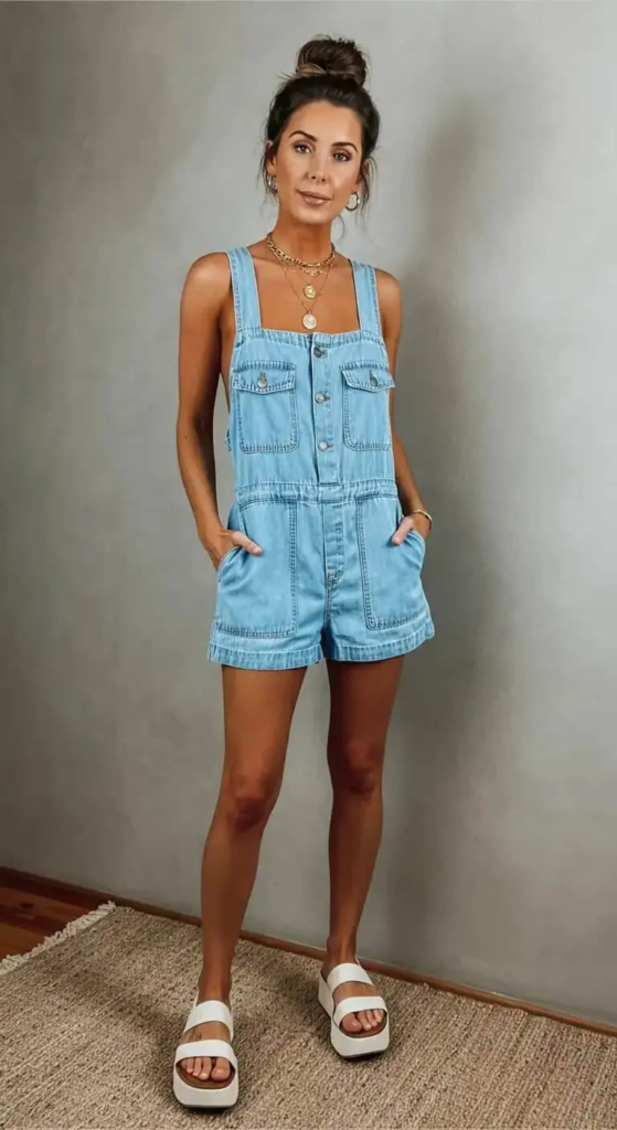 Denim Romper with Platform Sandals