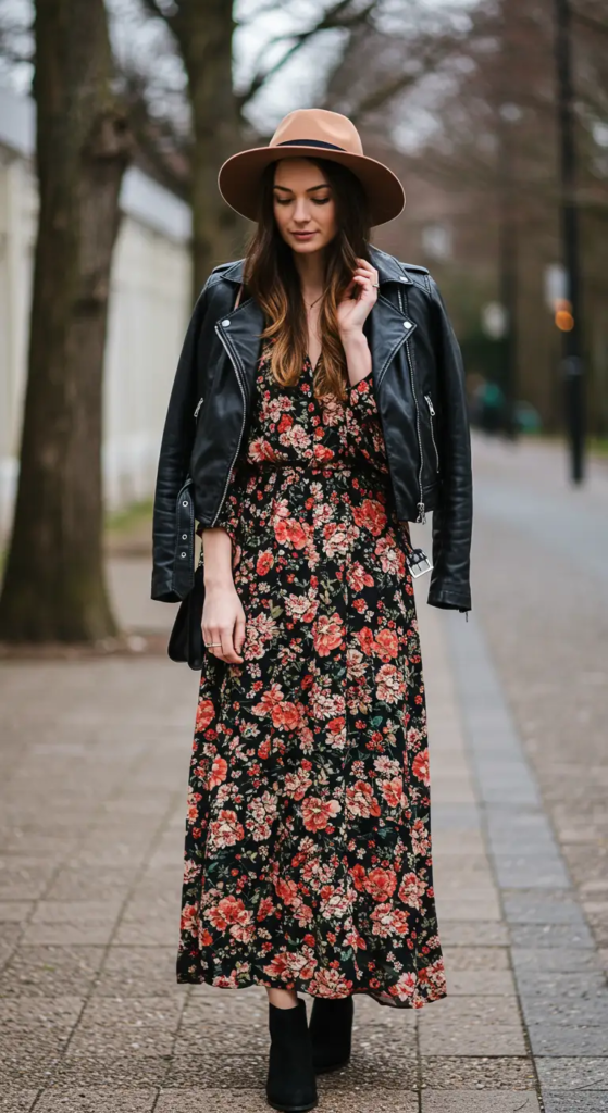 Woman wearing a flowing floral maxi dress layered with a black leather jacket and ankle boots for a feminine country concert outfit.