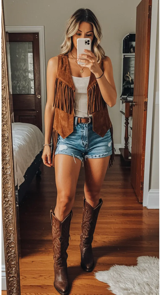 Country concert outfit featuring a fringed suede vest, white tank top, denim cutoff shorts, tall cowboy boots, and turquoise jewelry.