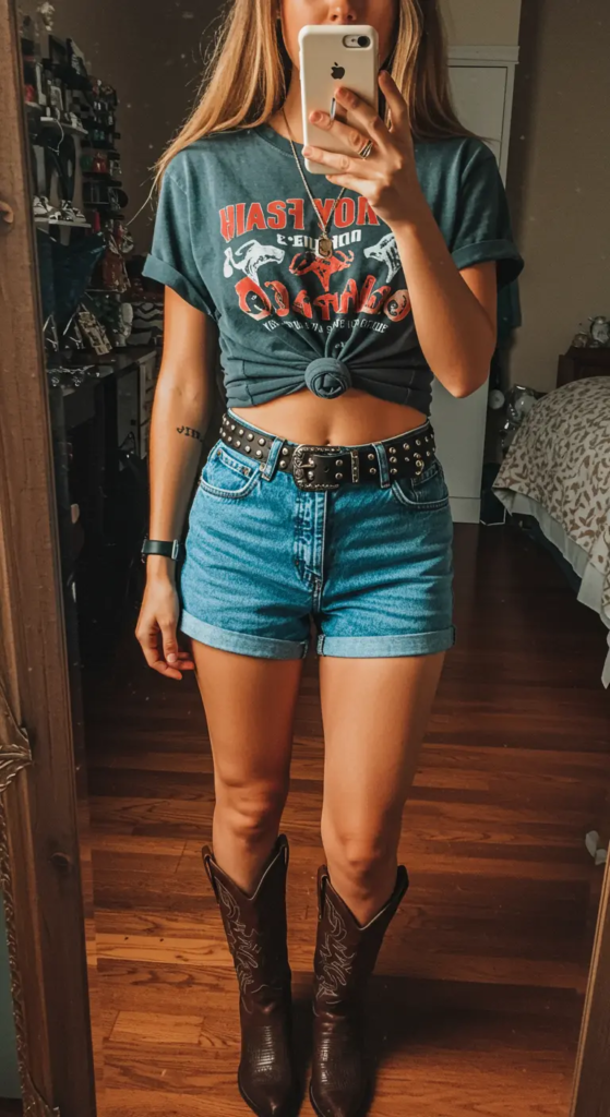Cropped country band tee knotted at the waist paired with high-waisted denim shorts, studded belt, and cowboy boots.