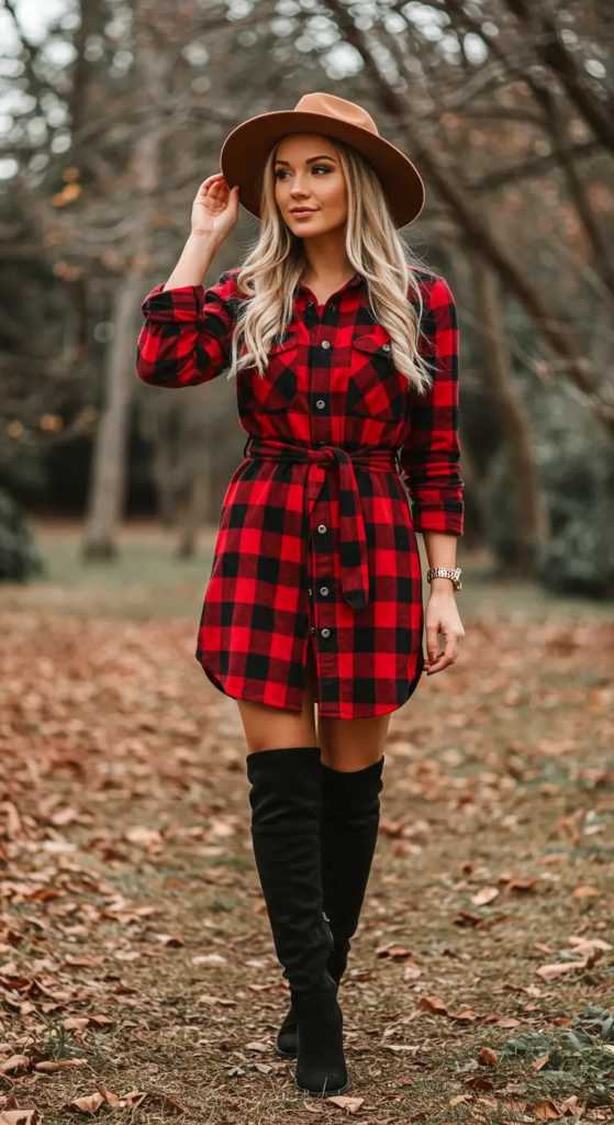 Red plaid shirt dress belted at the waist styled with black knee-high boots and a floppy hat for a stylish country concert look.