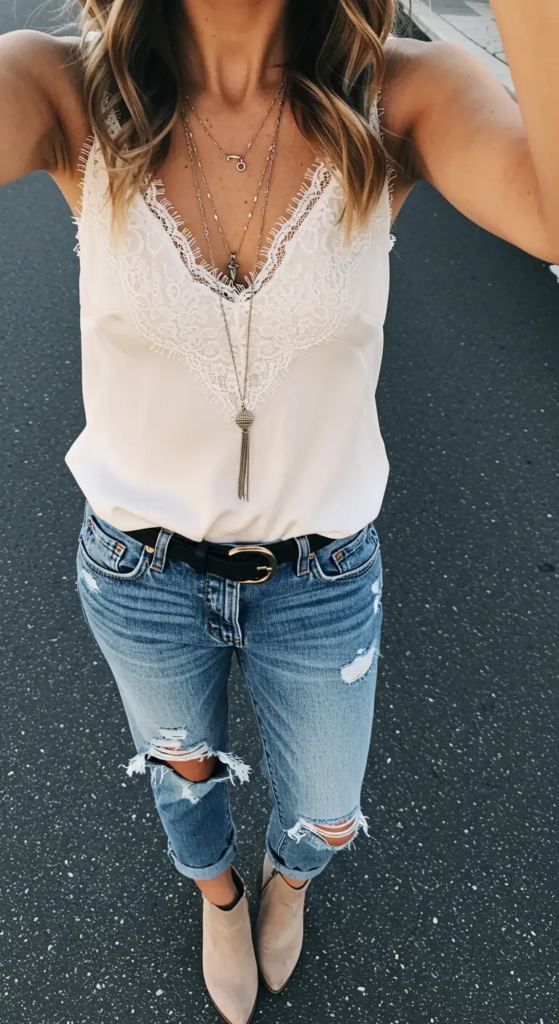 White lace camisole tucked into distressed boyfriend jeans styled with ankle boots for a feminine country concert outfit.