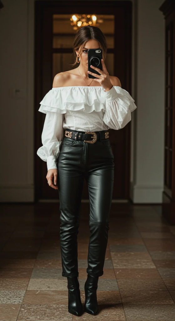 White ruffled off-shoulder top styled with black leather pants, statement belt, and pointed-toe boots for an edgy country concert outfit.
