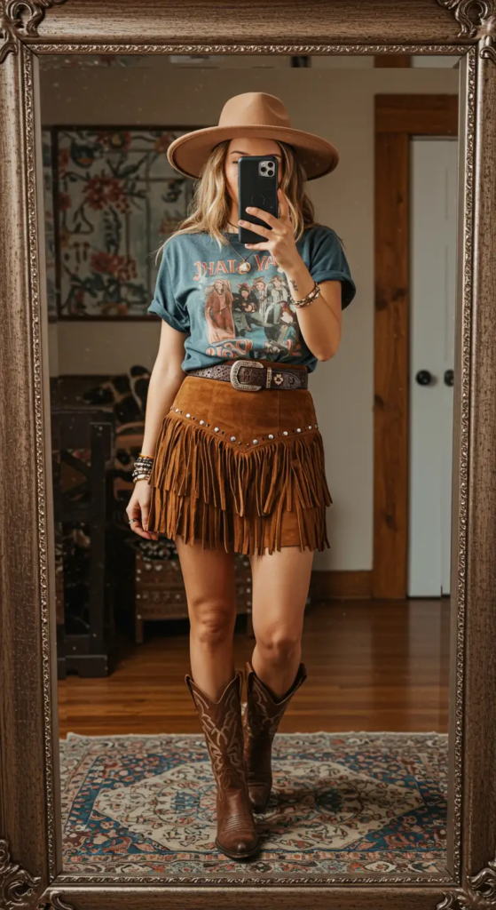Vintage graphic tee tucked into a brown fringed suede mini skirt styled with cowboy boots for a Western-inspired country concert outfit.