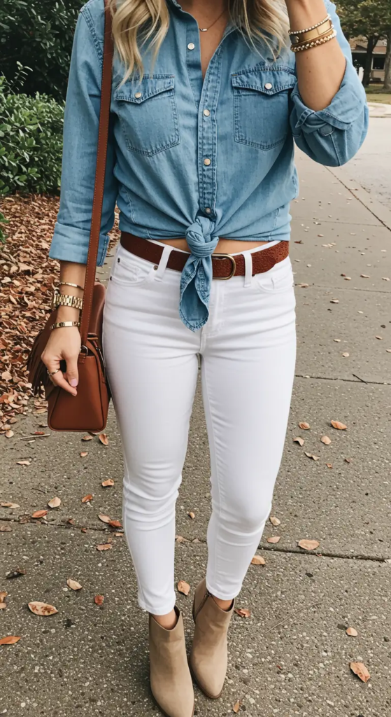 Light blue chambray shirt tied at the waist paired with white jeans and tan ankle boots for a fresh country concert outfit.