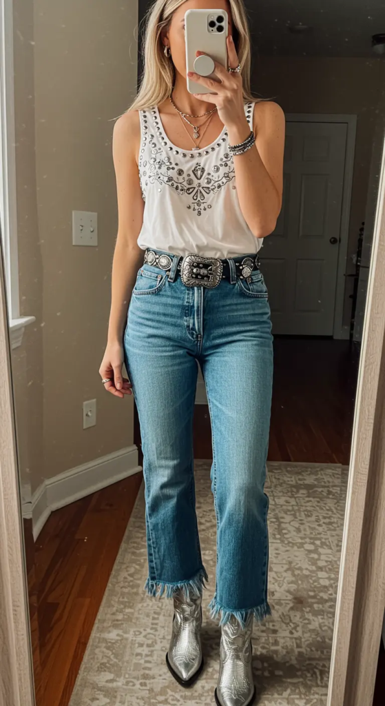 White embellished tank top paired with frayed hem jeans, statement Western belt, and metallic cowboy boots for a bold country concert outfit.