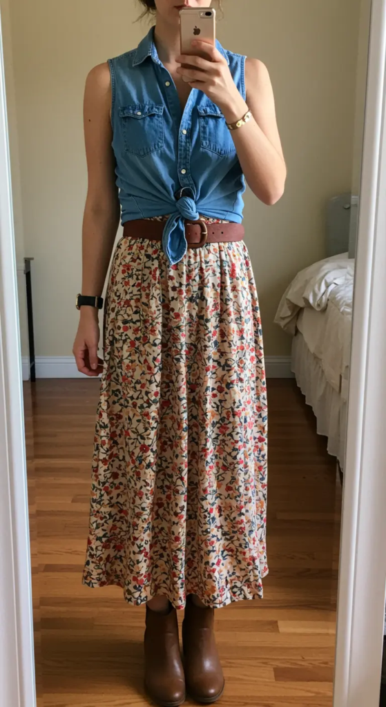Sleeveless denim shirt tied at the waist paired with a floral maxi skirt and ankle boots for a feminine country concert outfit.