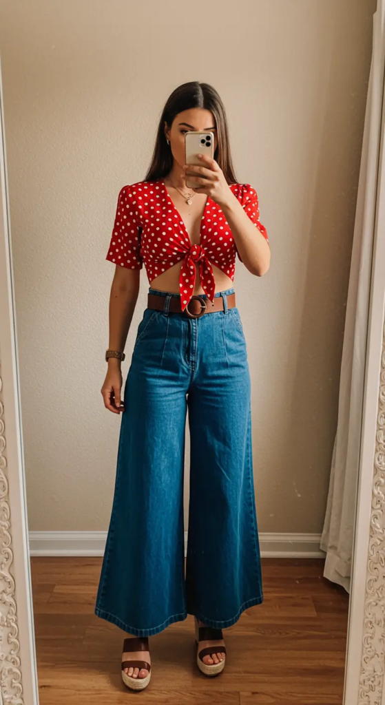 Polka dot tie-front crop top paired with high-waisted denim palazzo pants and wedge sandals for a retro-inspired country concert outfit.