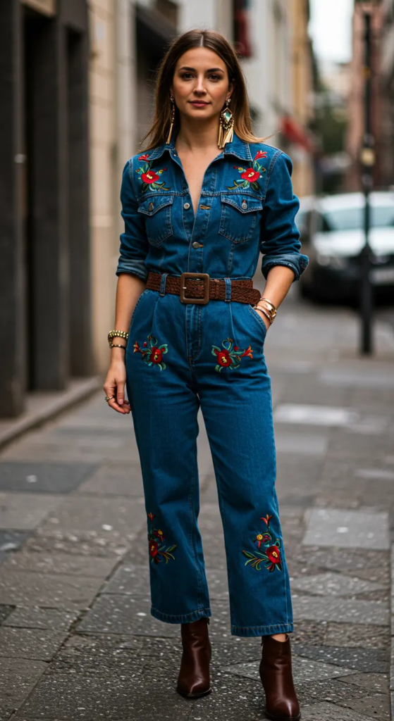 Denim Western-style jumpsuit with embroidered details, wide belt, turquoise earrings, and tan ankle boots for a standout country concert outfit.