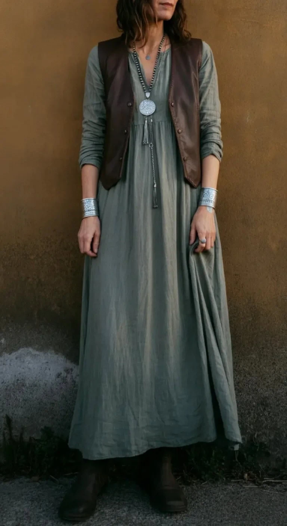 Tiered earthy maxi dress styled with a rustic leather vest, silver bangles, pendant necklace, and brown ankle boots in a relaxed boho outfit.