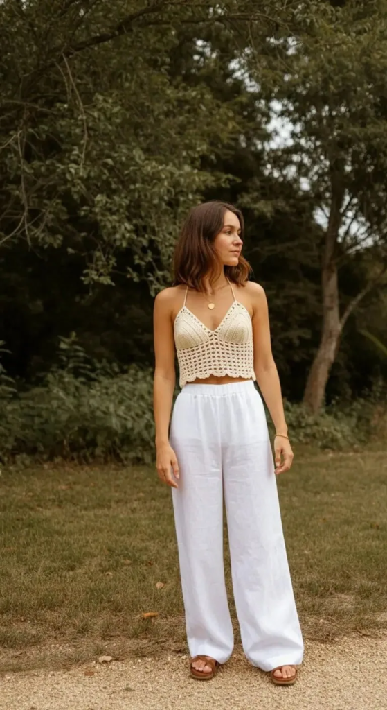 Cream crochet top paired with beige wide-leg linen pants, layered necklaces, leather sandals, and a straw hat for a relaxed boho summer look.