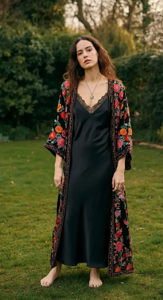 Silk slip dress layered with a long embroidered kimono, turquoise earrings, metallic sandals, and a woven crossbody bag in a bohemian evening outfit.