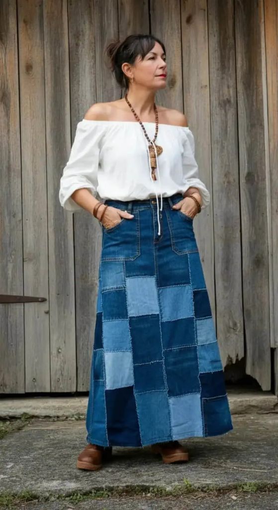 Off-shoulder peasant blouse styled with a patchwork denim maxi skirt, braided leather belt, suede mules, and feather earrings in a relaxed boho outfit.