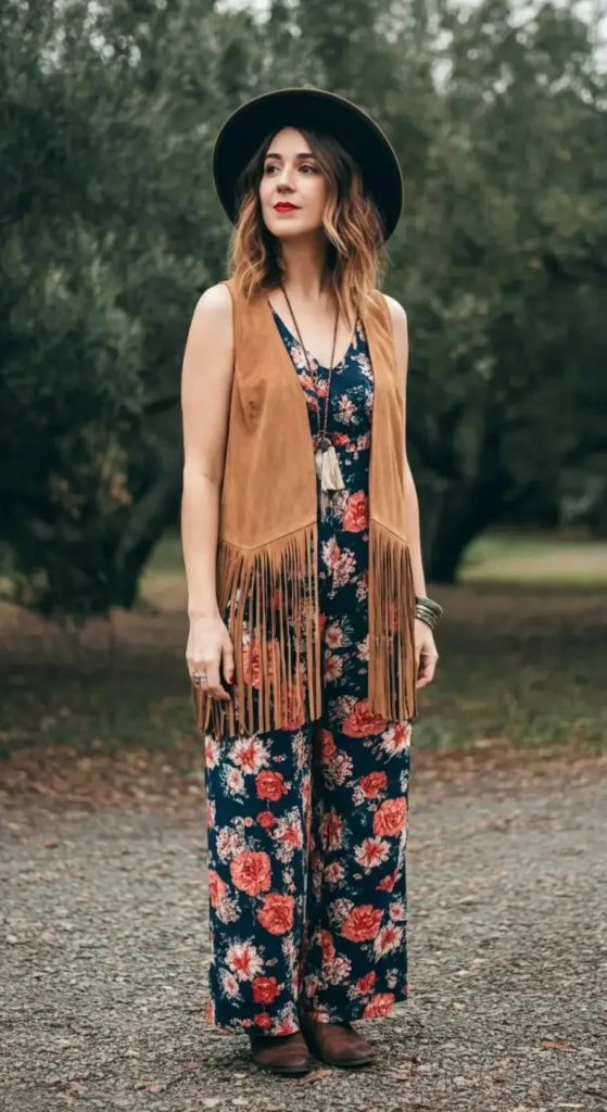 Vintage print palazzo jumpsuit layered with a suede fringe vest, platform sandals, layered necklaces, and a macramé bag in a boho festival outfit.