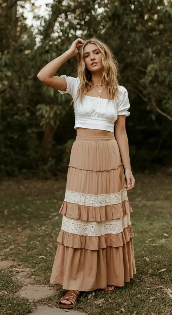 White cotton crop top paired with a tiered ruffled maxi skirt, wide leather belt, shell jewelry, and leather sandals in a bohemian summer outfit.