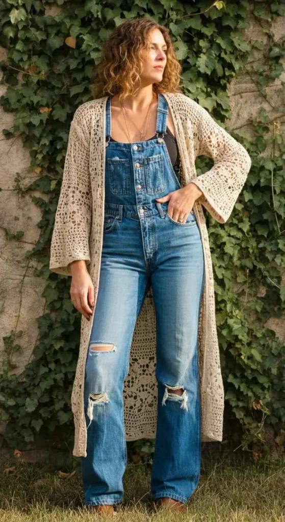 Distressed boyfriend jeans styled with a silk camisole, long crochet cardigan, leather mules, and a tooled leather bag in a casual boho outfit.