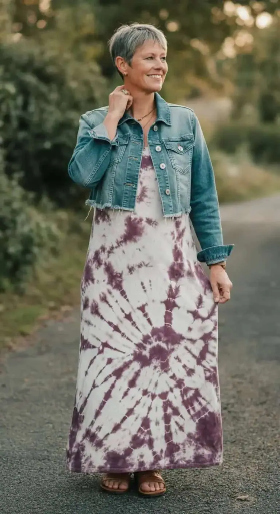 Muted tie-dye maxi dress styled with a cropped denim jacket, strappy leather sandals, mixed metal jewelry, and a leather headband for a relaxed boho look.