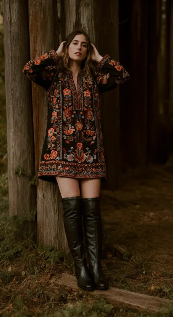 Embroidered boho mini dress with bell sleeves styled with tall brown leather boots, layered rings, and a fringed shoulder bag.