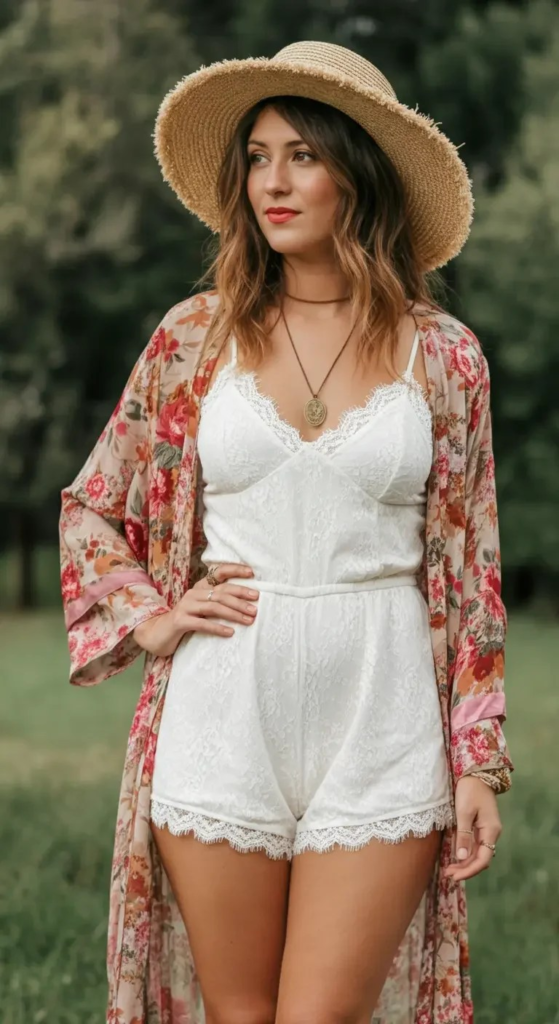 Cream lace romper layered with a floral boho kimono, turquoise jewelry, and leather wrap sandals for a summer outfit.