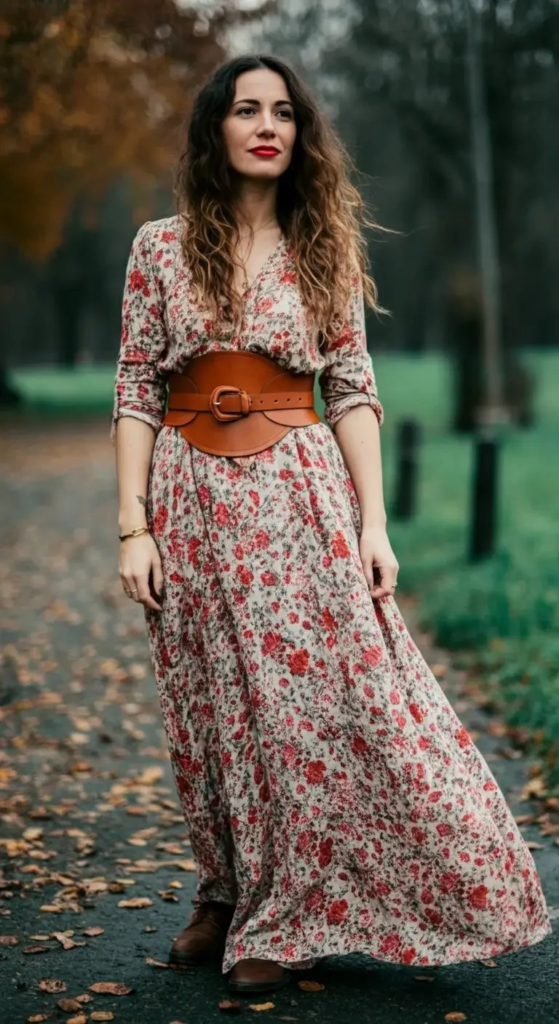 Vintage print maxi dress cinched with a wide leather belt, styled with natural stone earrings and brown ankle boots.
