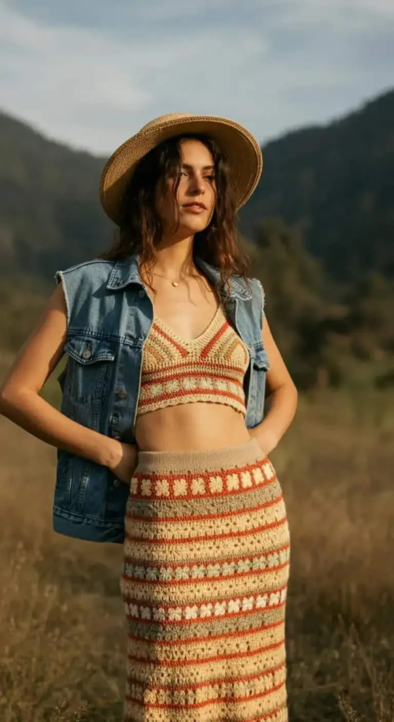 Neutral crochet top and skirt set styled with a distressed denim vest, layered jewelry, and leather platform sandals.