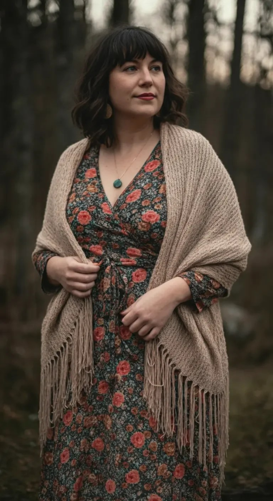 Vintage print wrap dress layered with a fringe shawl, turquoise jewelry, and western-style ankle boots in a cozy boho outfit.