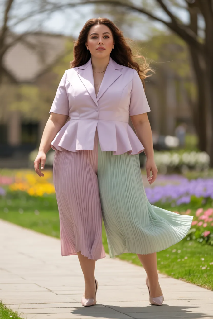 Plus Size Pastel Pleated Culottes With Structured Peplum-Free Blouse Easter Outfit